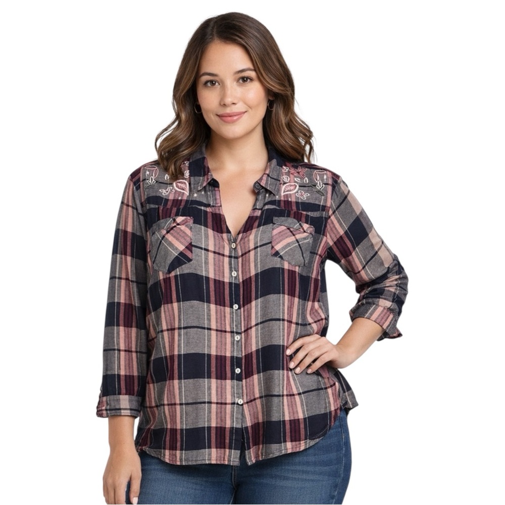 Vintage America Blues Size XL Plaid Button Front Shirt Embroidered Western Style